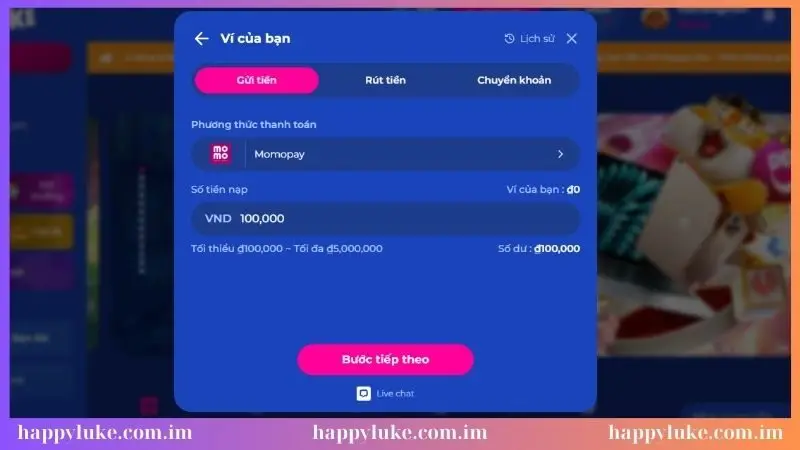 Nhập số tiền cần nạp theo giới hạn cho phép